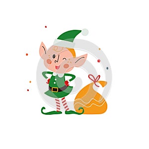 Cute little Santa elf character smiling and winking at presents bag isolated.