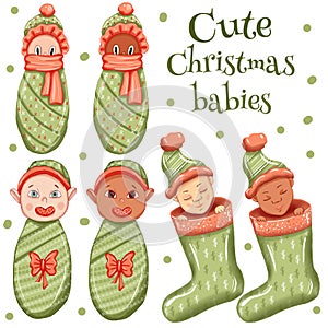 Cute little santas, christmas babies, newborn in winter