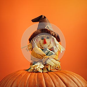 Cute little scarecrow smiling and hugging the stem of a large orange pumpkin. Happy theme for Halloween or Thanksgiving