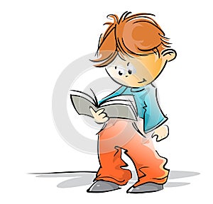 Cute little school boy reading a book