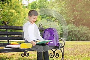 Cute little school child with stationery reading book