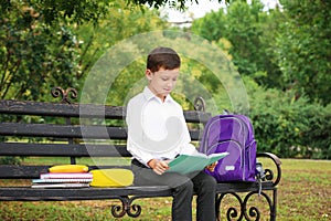 Cute little school child with stationery reading book