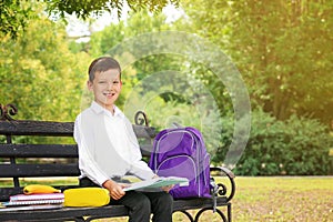 Cute little school child with stationery reading book