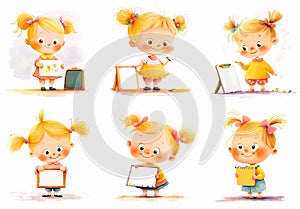 Cute little school girl with blank frames. Kid's hobby, children's leisure and creativity. Isolated on white