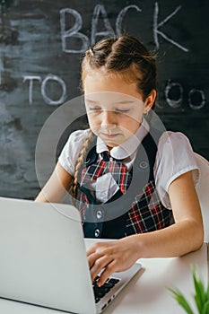 Cute school girl sitting at the desk and using computer. Back to school and online lessons concept