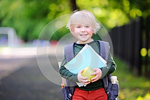 Cute little schoolboy with his backpack and apple. Back to school concept.