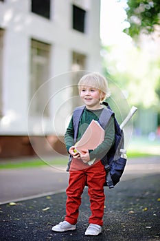 Cute little schoolboy with his backpack. Back to school concept.