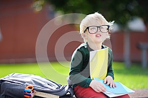 Cute little schoolboy studying outdoors on sunny day. Back to school concept.