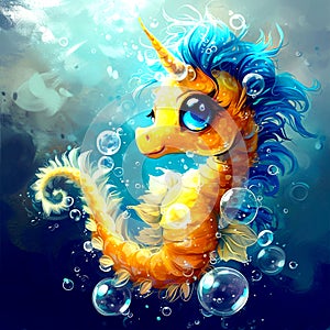 cute little seahorse with blue hair and bubbles,Generative AI