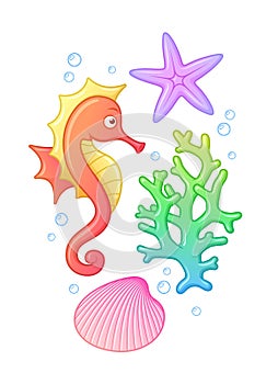 Cute little seahorse with a coral and a starfish. Isolated vector illustration.