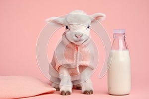 Cute little sheep in baby clothes and milk bottle
