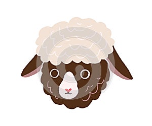 Cute little sheep face. Head portrait of funny domestic lamb in doodle style. Baby animal muzzle. Adorable fluffy snout
