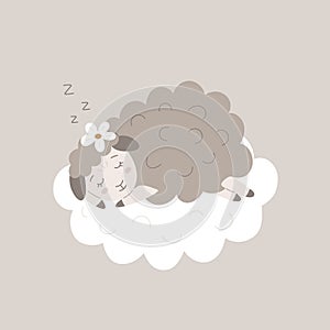 Cute little sheep sleeping on the cloud. Flat lamb illustration for children good night. Sweet animal dreams for kids