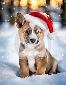 Cute little shepherd dog sitting with a pompom cap in the snow, generated image