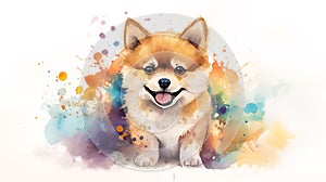 Cute little Shiba Inu dog with a wide open mouthed smile and bright. Watercolor