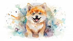 Cute little Shiba Inu dog with a wide open mouthed smile and bright. Watercolor