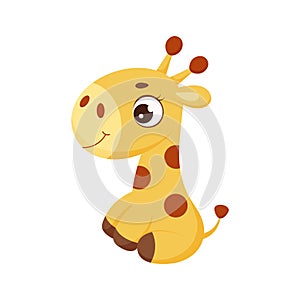 Cute little sitting giraffe. Funny cartoon character for print, greeting cards, baby shower, invitation, wallpapers, home decor.