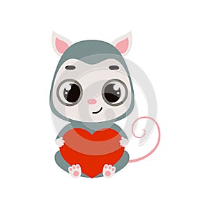 Cute little sitting opossum holds heart. Cartoon animal character for kids cards, baby shower, invitation, poster, t