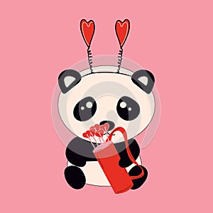 Cute little sitting panda holds cupid's love arrows.