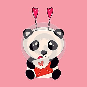 Cute little sitting panda holds envelope with hearts