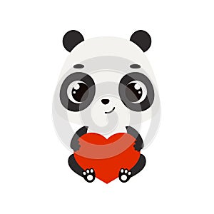 Cute little sitting panda holds heart. Cartoon animal character for kids cards, baby shower, invitation, poster, t-shirt