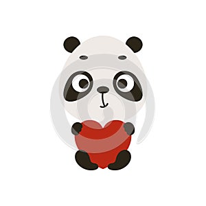 Cute little sitting panda keep hart on white background. Cartoon animal character for kids cards, baby shower, invitation, poster