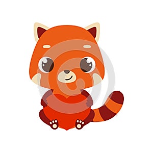 Cute little sitting red panda holds heart. Cartoon animal character for kids cards, baby shower, invitation, poster, t