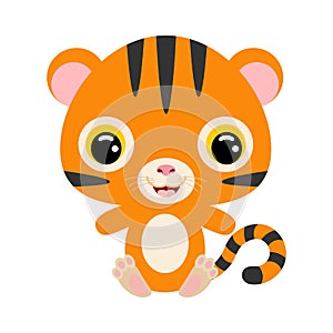 Cute little sitting tiger. Jungle animal. Flat vector stock illustration