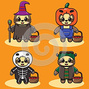 Cute Little Sloth Halloween cartoon set.