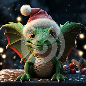 A cute little smiling baby green dragon in a red Santa Claus hat on dark background