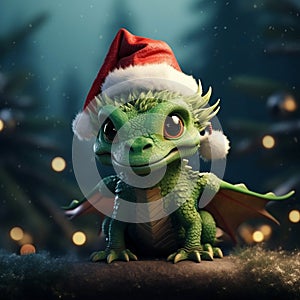 A cute little smiling baby green dragon in a red Santa Claus hat on dark background