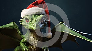 A cute little smiling baby green dragon in a red Santa Claus hat on dark background