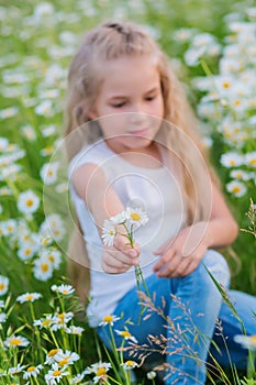Cute little smiling girl in the chamomile field