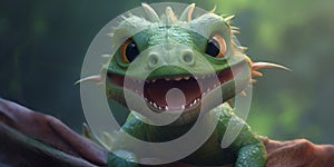 Cute little smily dragon. Cartoon funny baby dragon. Happy fantasy characters head. Green lizard. Young mythical reptile