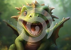 Cute little smily dragon face. Cartoon funny baby dragon with wings. Happy fantasy characters head. Young mythical