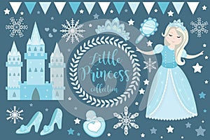 Cute little snow princess, cold queen objects set. Winter Collection design element with pretty girl, ice castle, mirror