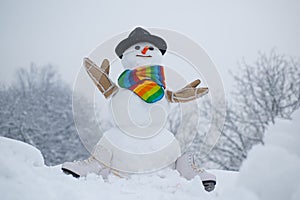 Cute little snowman outdoor. Winter time scene. Christmas background with snowman. The morning before Christmas.