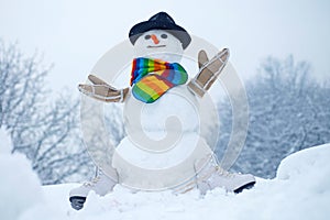 Cute little snowman outdoor. Winter time scene. Christmas background with snowman. The morning before Christmas.