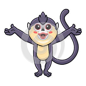 Cute little snub nosed monkey cartoon raising hands