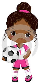 Cute Little Soccer African American Girl Holding Ball. Vector Black Girl with Soccer Ball