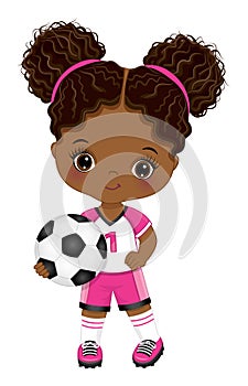 Cute Little Soccer African American Girl Holding Ball. Vector Black Girl with Soccer Ball