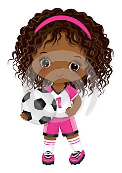 Cute Little Soccer African American Girl Holding Ball. Vector Black Girl with Soccer Ball