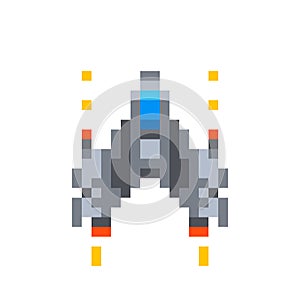 Cute little spaceship, game hero in pixel art style on white