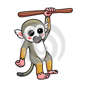 Cute little squirrel monkey cartoon hanging on tree