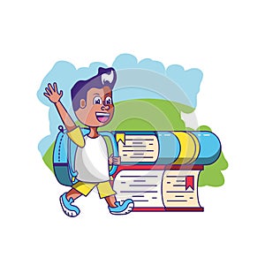 cute little student boy with bag school and stack books