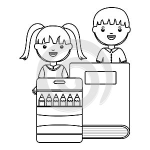 Cute little students couple with colors pencils and books