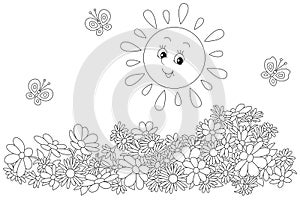 Happily smiling sun and garden flowers photo