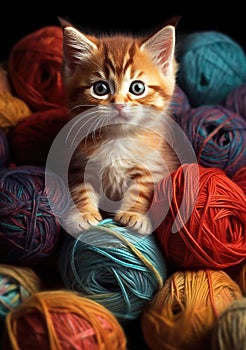 cute little tabby cat kitten playing with colorfull balls of yarn