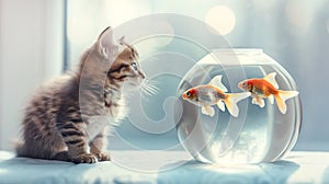 Cute little tabby kitten sitting in front of an aquarium staring at swimming goldfish. Focused expression