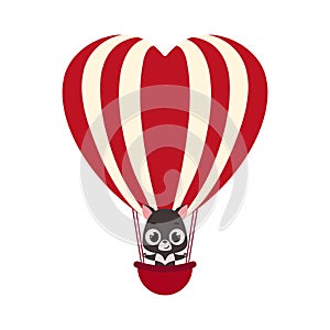 Cute little Tasmanian devil fly on heart hot air balloon. Cartoon animal character for kids cards, baby shower